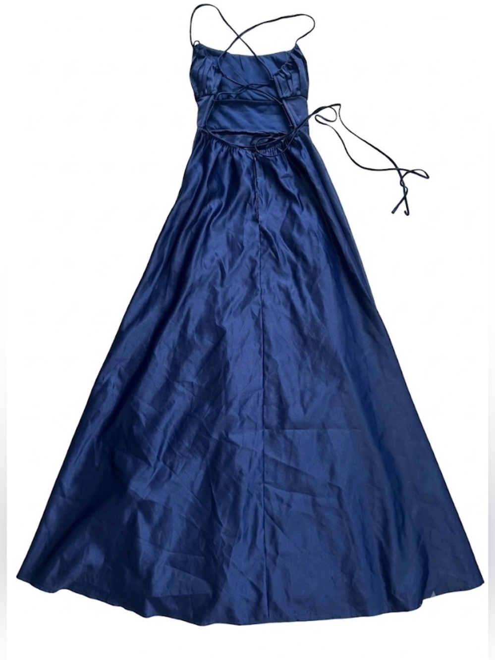MANIJU Elegant Navy Spaghetti-Strap Maxi Dress with High Side Slit SIZE L - Picture 4 of 8